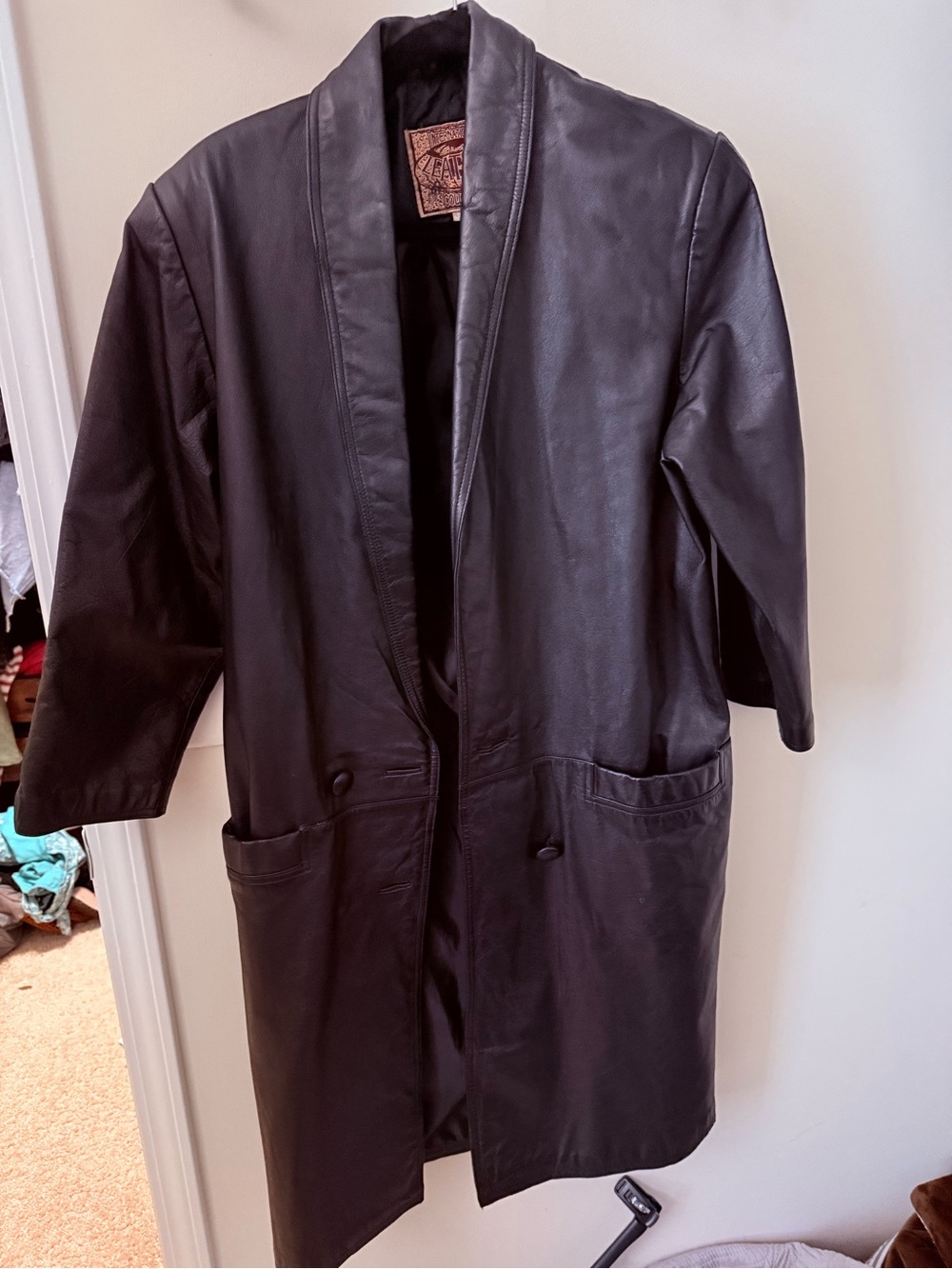 Black Leather Longline Coat with Shawl Collar